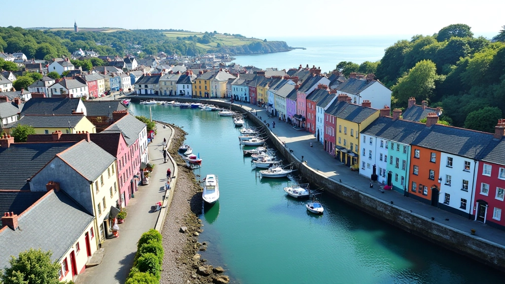 Aerial view of Kinsale harbour town with narrow historic streets, colourful buildings, and waterfront, showing street layout and walking paths