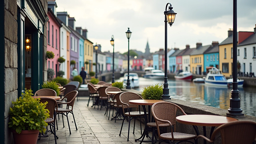 Café terrace overlooking Kinsale harbour with colourful buildings, outdoor seating, sea view, people enjoying drinks, charming town setting
