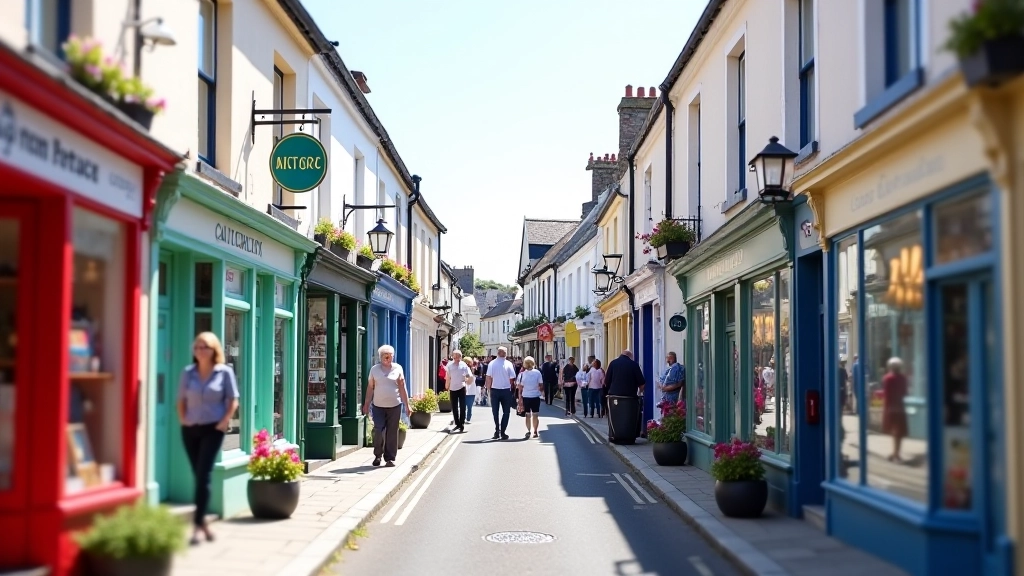 Colourful traditional shop fronts and narrow pedestrian street in Kinsale town centre with tourists browsing local shops and galleries
