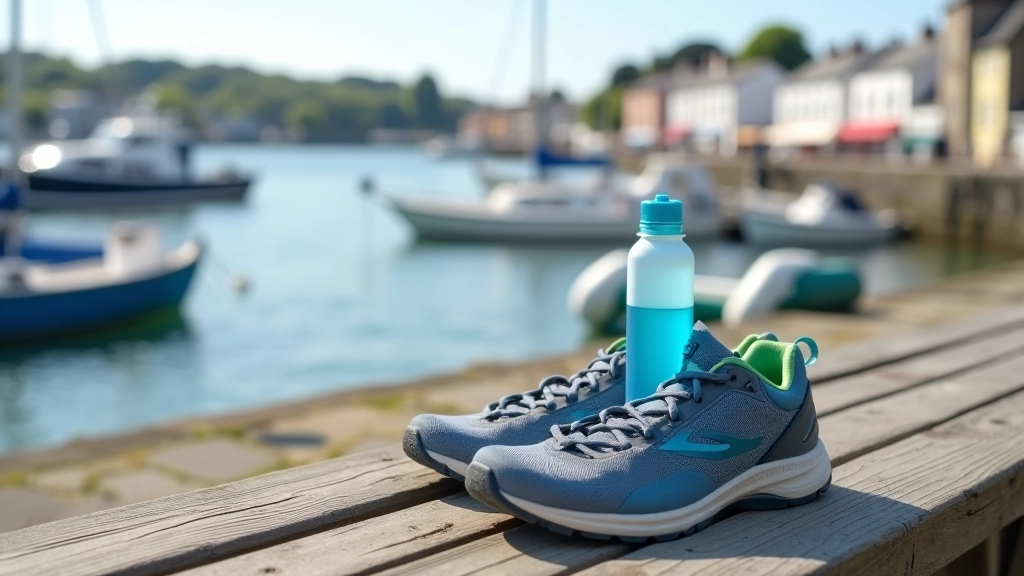 Comfortable walking shoes and water bottle on a wooden bench overlooking Kinsale harbour with boats and historic buildings in background