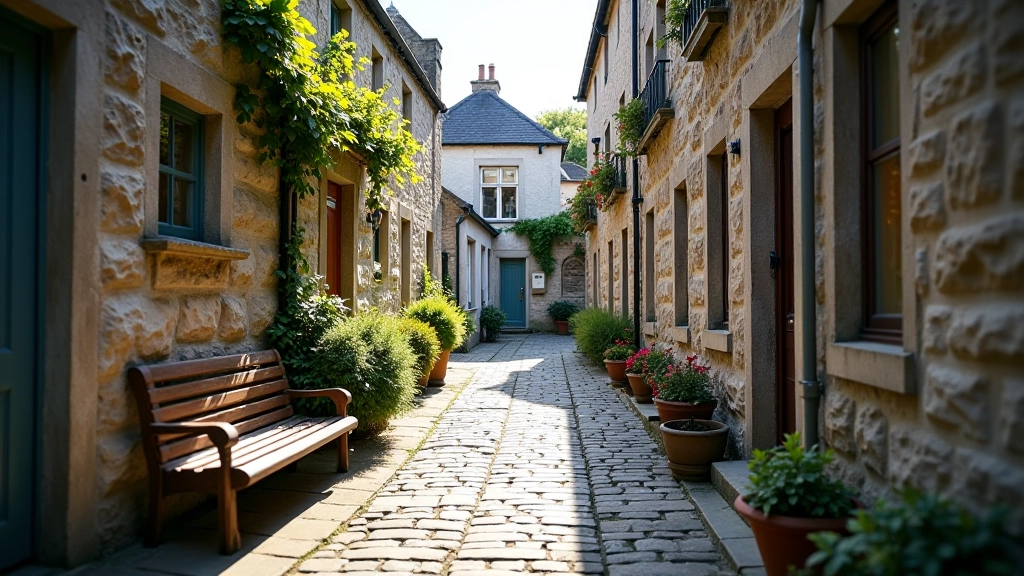 Hidden courtyard in historic Kinsale with stone buildings, small bench, cobblestone paving, wildflowers in corner, peaceful isolated setting
