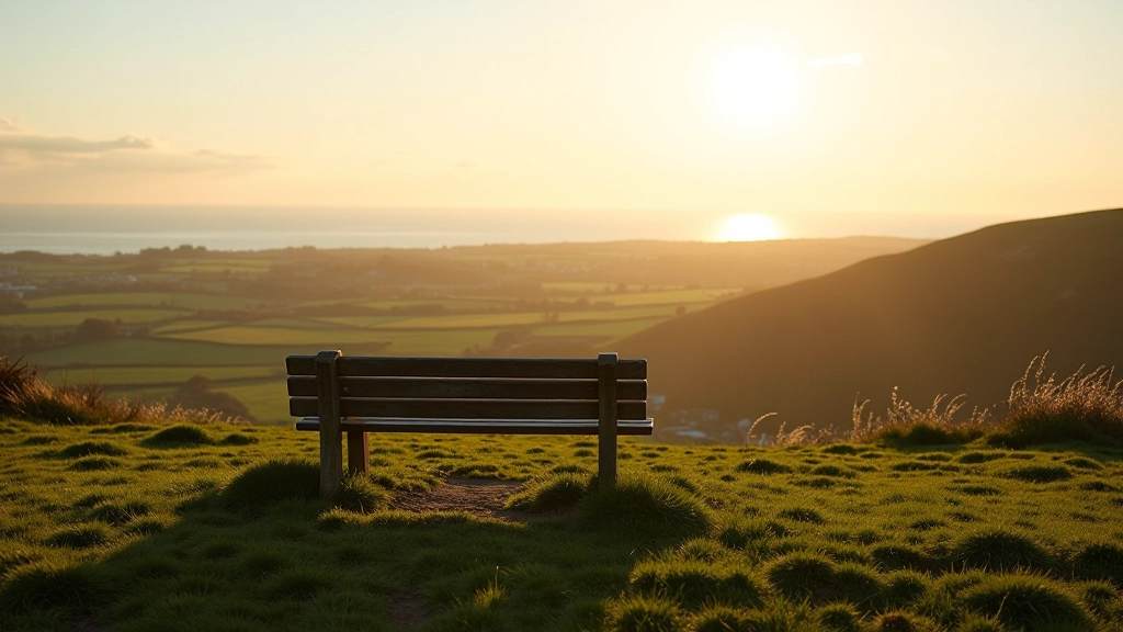 Scenic viewpoint bench at hilltop overlooking panoramic Kinsale landscape, rolling countryside, distant sea, golden hour light