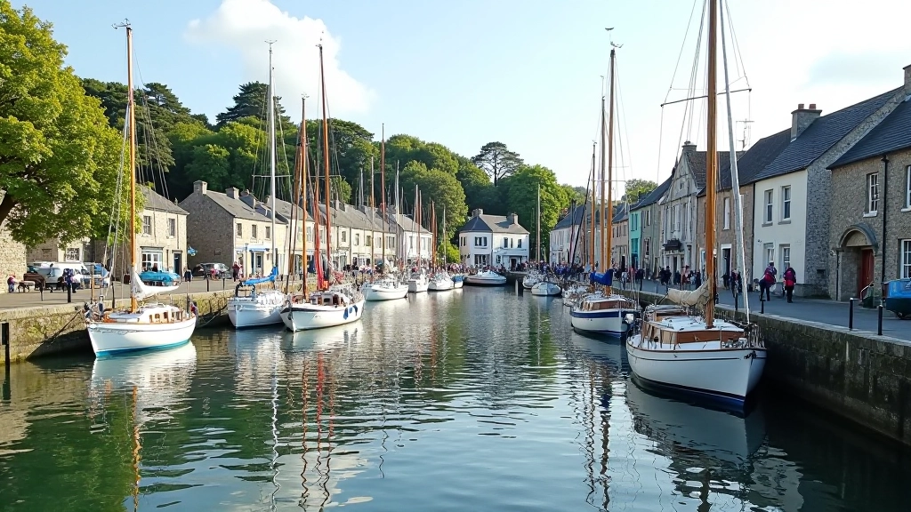 Historic Kinsale harbour with sailboats moored, traditional stone buildings lining the waterfront, mature trees providing shade