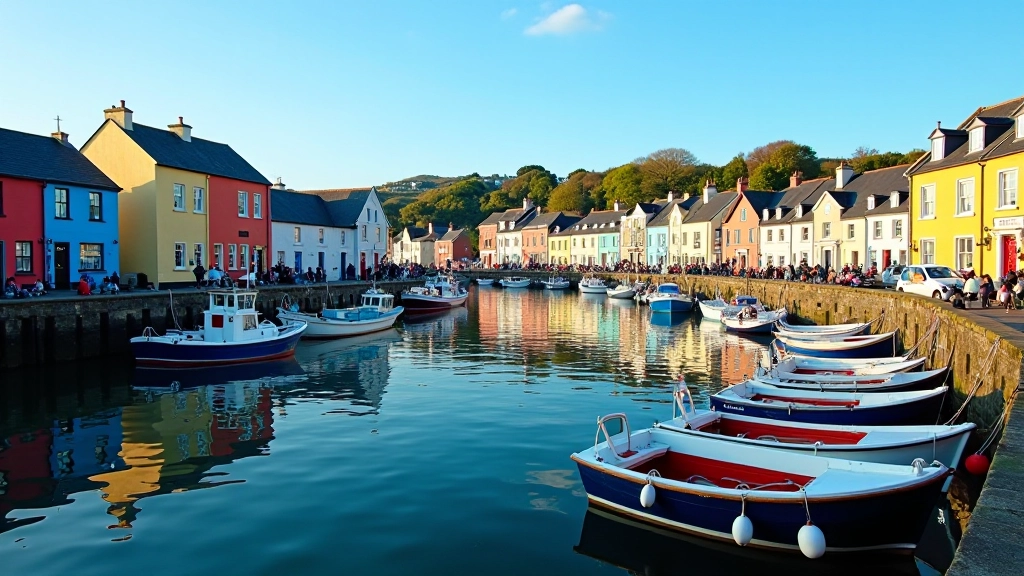 Kinsale harbour with colorful buildings reflected in calm water, boats moored in the bay, Irish coastal town architecture