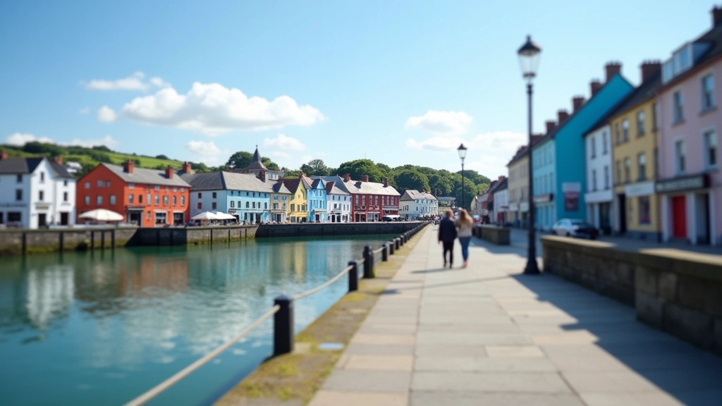 Kinsale waterfront promenade with calm harbour water, colourful buildings reflected, clear sunny day with gentle shadows