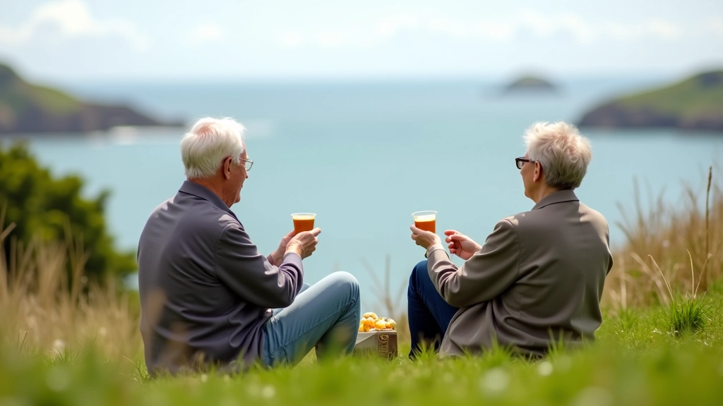 Mature adults enjoying time at a scenic rest spot during a walk