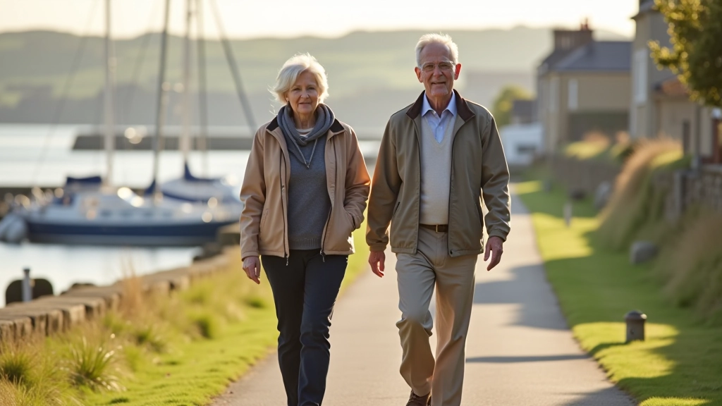 Retired couple walking along Kinsale waterfront promenade, enjoying coastal scenery and fresh sea air