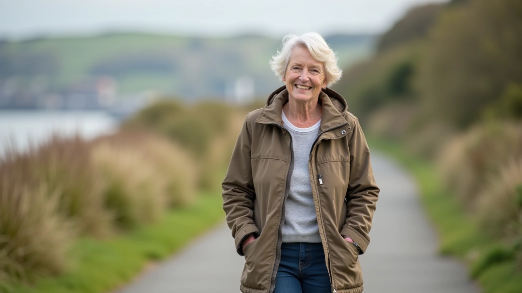 Mature woman aged 65 walking confidently on waterfront path, smiling, casual outdoor clothing, natural daylight