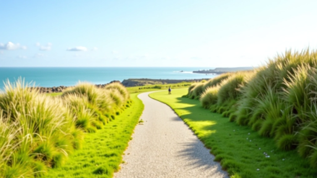 Scenic coastal path with sea views, walking trail through green landscape, peaceful countryside setting