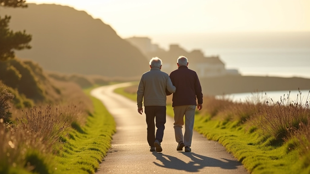 Two retirees enjoying a peaceful walk together along Kinsale's scenic coastal path