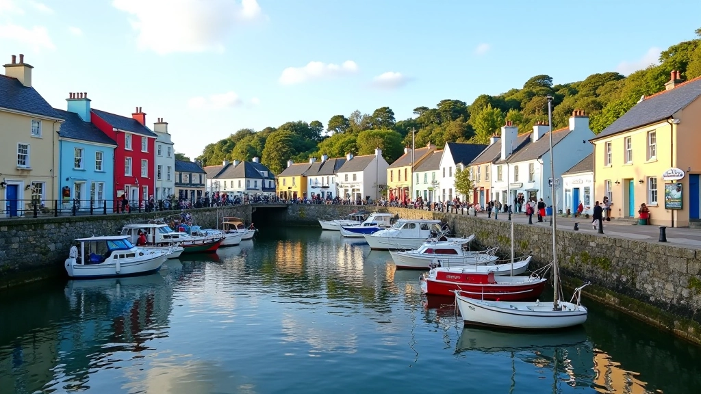 Beautiful Kinsale waterfront with colorful buildings reflected in calm harbor water