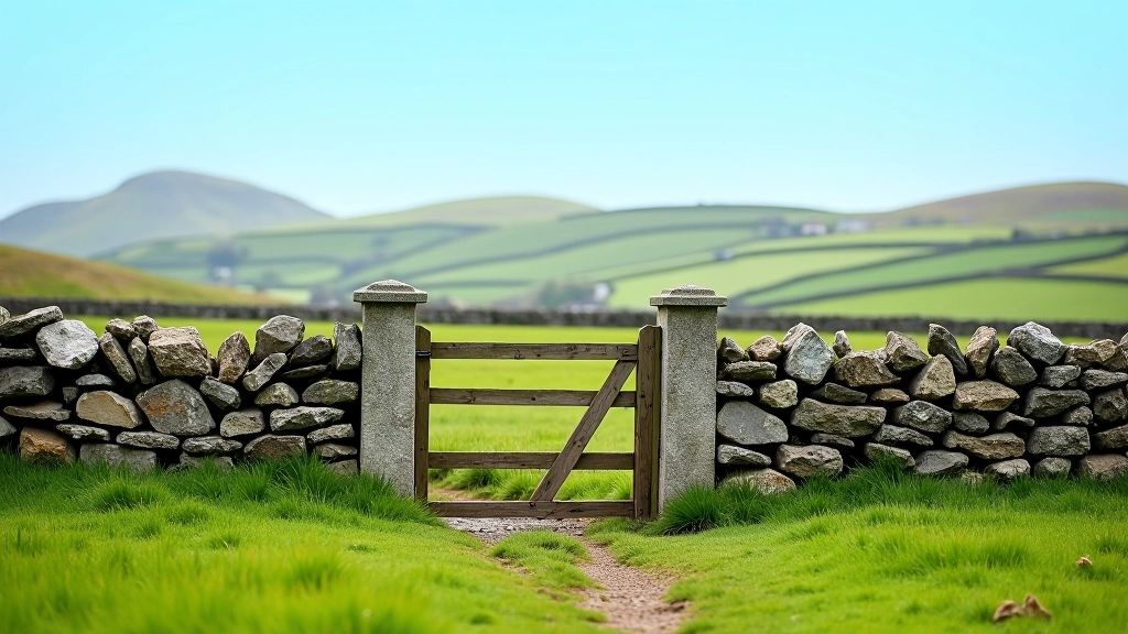Stone wall and field gate in rural Kinsale countryside, green pastures, clear blue sky, traditional Irish landscape