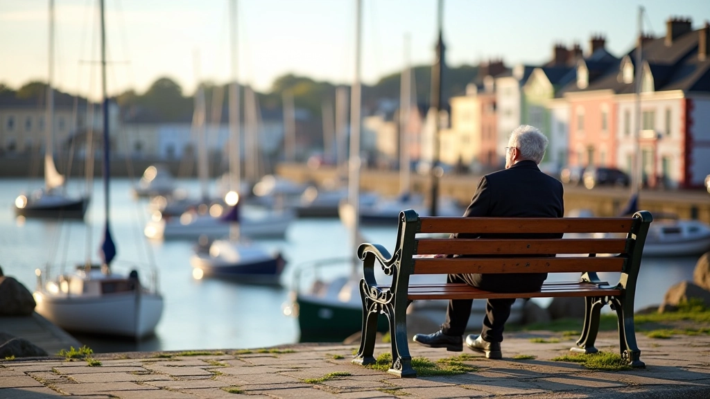 Peaceful waterfront bench overlooking Kinsale harbour with calm waters, sailboats, and colourful buildings reflecting in background