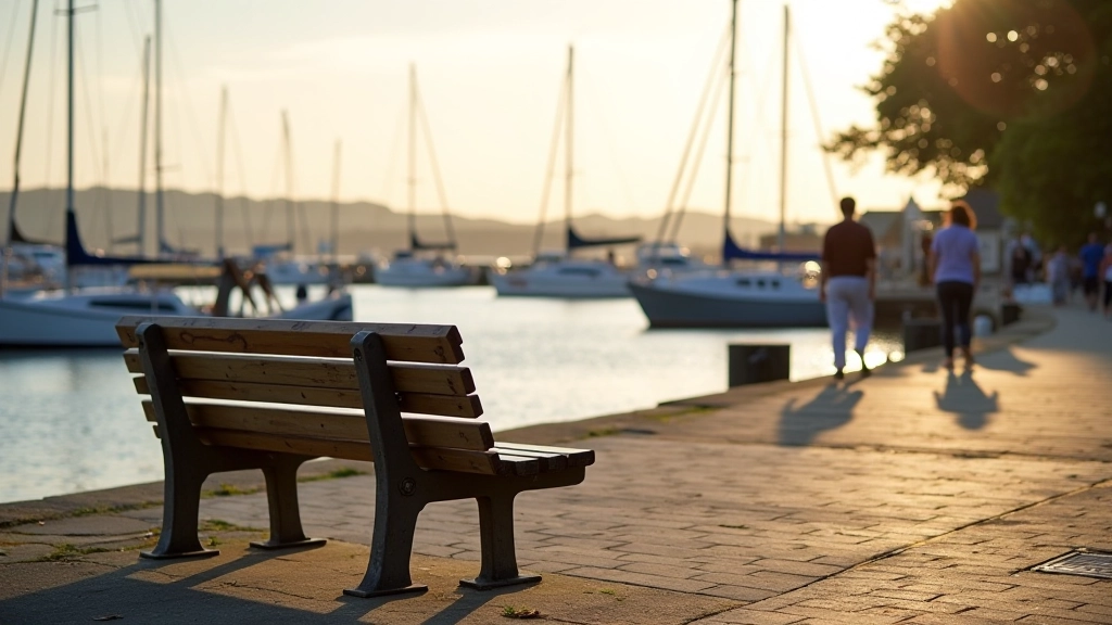 Wooden bench on waterfront promenade facing harbour, sailboats visible in background, peaceful morning light