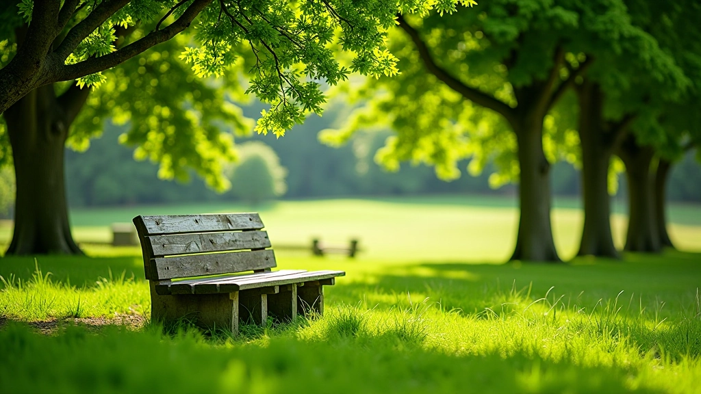 Shaded picnic spot under mature trees with dappled sunlight, wooden bench, grassy ground, quiet countryside setting near Kinsale