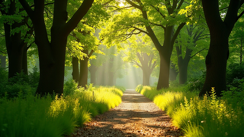 Woodland path through beech and oak trees with dappled sunlight, well-marked trail through natural forest, afternoon golden hour lighting
